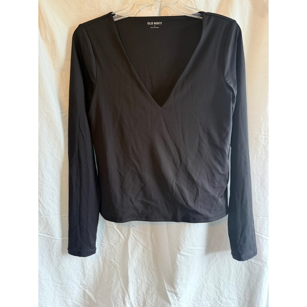 Old Navy Women Black Deep VNeck Long Sleeve Top Size M Minimalist Casual T-Shirt